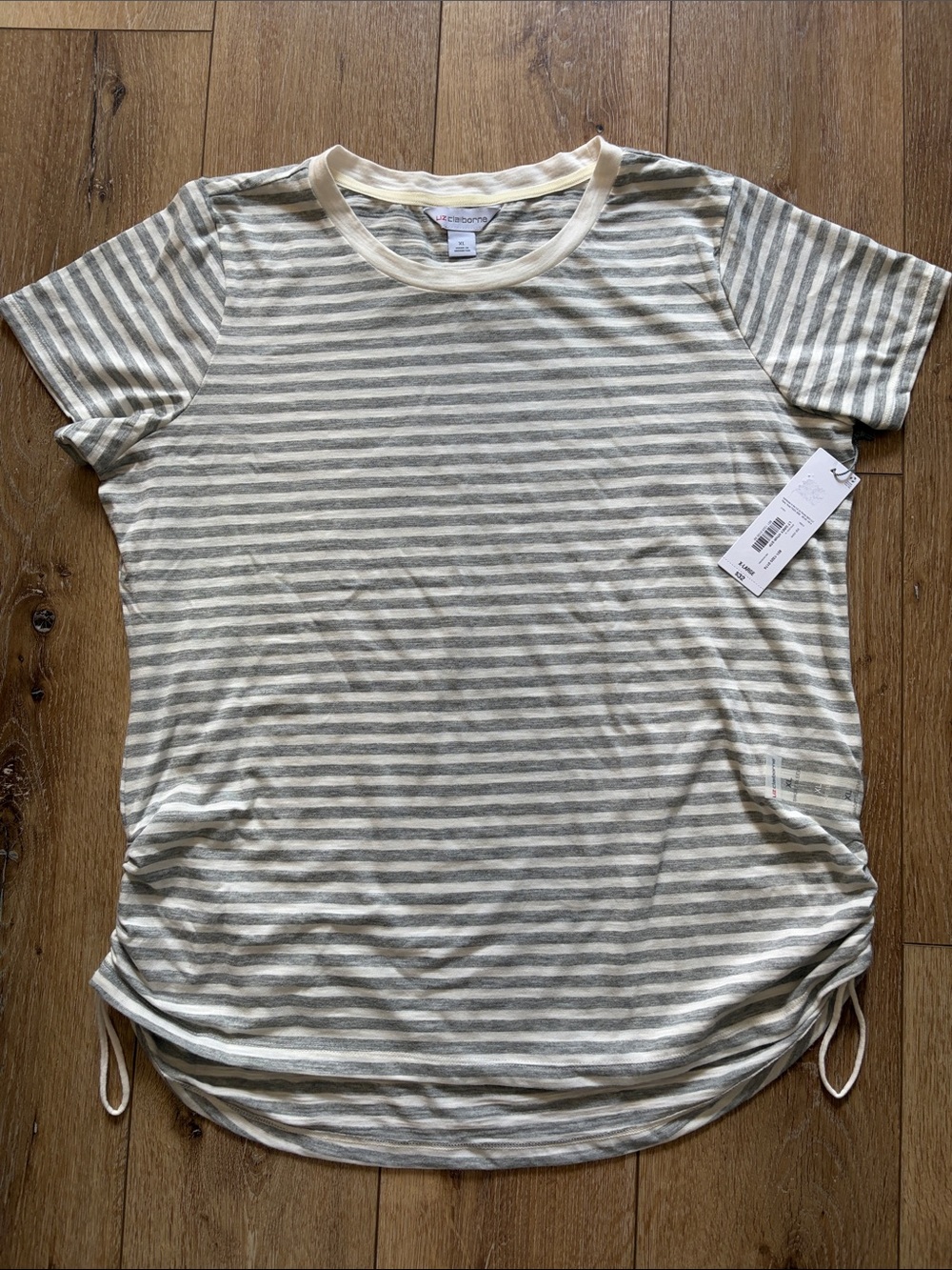 Women Liz Claiborne Gray Striped Short Sleeve Cotton Blend Pullover Top Sz XL